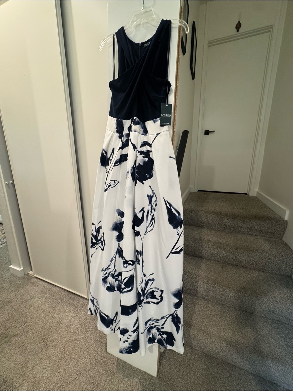 NWT Ralph Lauren Evening Cross Top Navy and White Floral Gown 10
